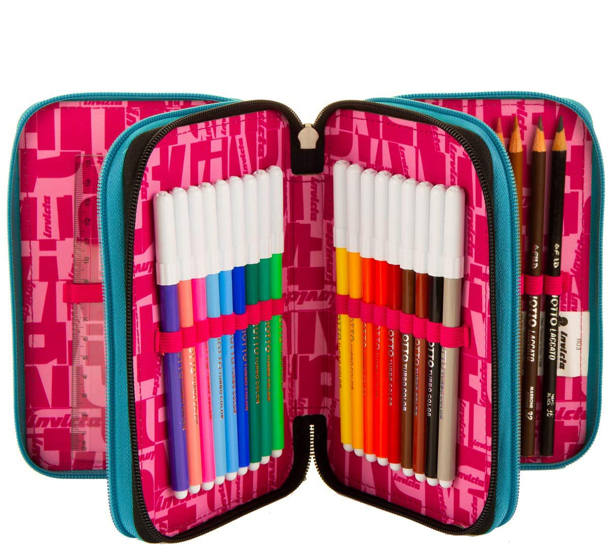 Astuccio-Portacolori-Invicta-3-Scomparti-Scuola-Contenuto-Modello-Rosa