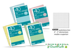Fogli forati colorati A4 Quadretti 4mm 4-5 elementare medie superiori