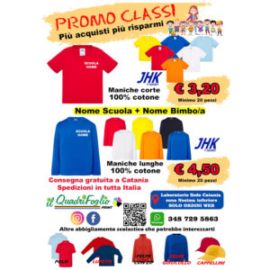 Promo Magliette T-Shirt personalizzate con logo scuola e nome bambino